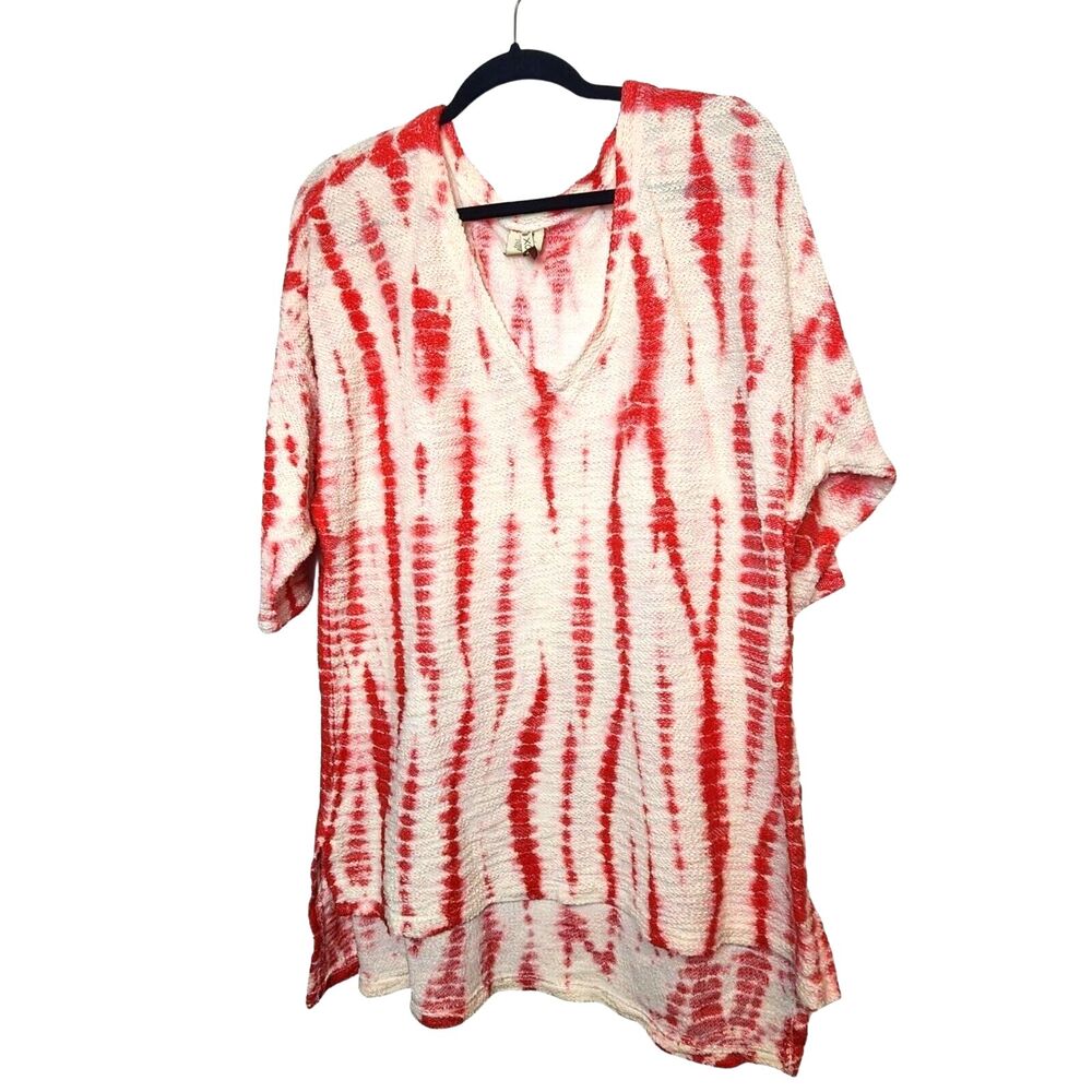 XCVI Red White Tie Dye Knit Tunic Top Scoop Neck 3/4 Sleeve Womens Size XXL